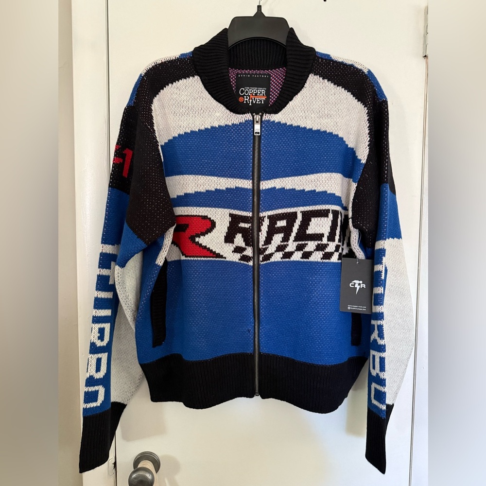 Copper Rivet Men's Racing Blue Zip-Up Knit Sweater, Size Small